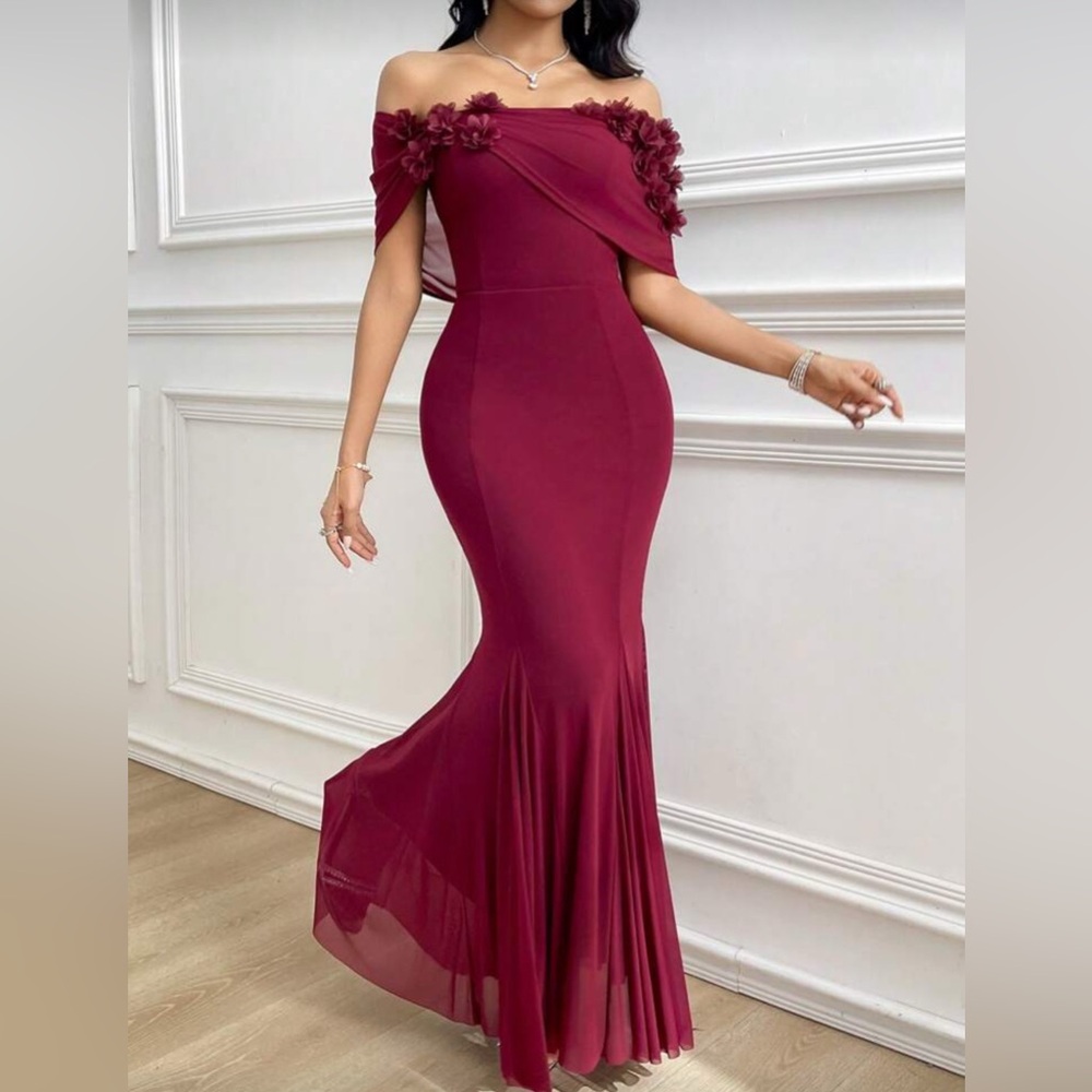 Off-Shoulder Burgundy Floral Dress